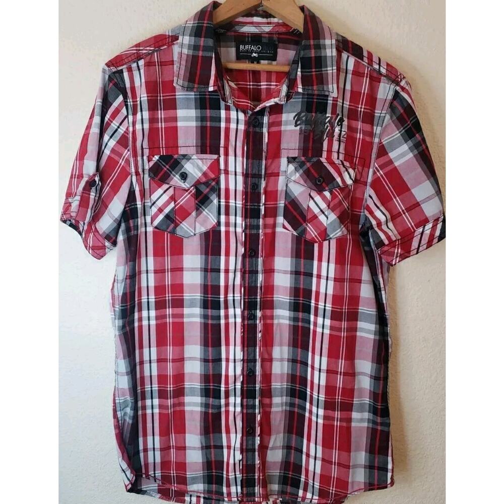 Buffalo BLU David Bitton Button Up Shirt Mens MEDIUM 2 SIDED GRAPHIC Script